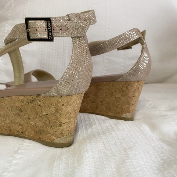 JIMMY CHOO PORTIA 120 GLITTERED METALLIC LEATHER CRISS CROSS STRAP WEDGE SANDALS - Picture 5 of 8